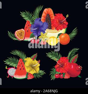 Frutti Esotici mazzi isolato. Arancione, papaia, dragon frutta. cocomero, fragola e altri Illustrazione Vettoriale