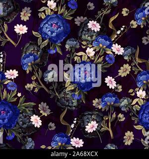 Modello senza cuciture con peonie vintage pittura ad olio. Vettore. Illustrazione Vettoriale