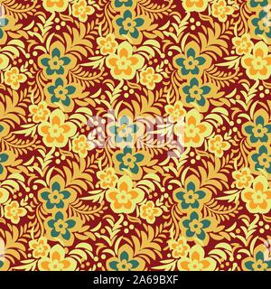 Vibrante vettore seamless pattern con fiori di oro su sfondo rosso Illustrazione Vettoriale