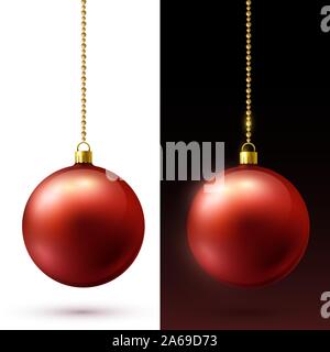 Realistica opaca rosso palle di Natale appeso su oro perle catene. Illustrazione Vettoriale