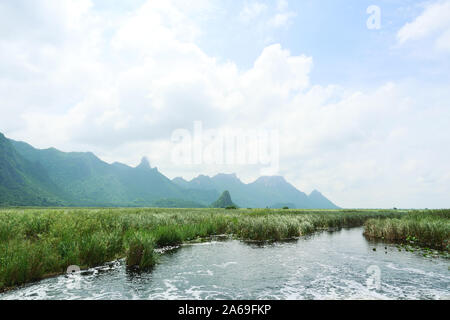 Cloud e il bianco vapore coprire la montagna di calcare, roccia con il verde della foresta e campo reed sulla vasta zona umida a Khao Sam Roi Yot National Park Foto Stock