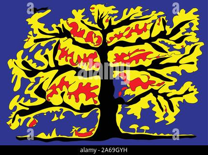 Autumn Tree: un simbolo della natura. Un giallo-rosso albero con tronco nero e bird, lo scoiattolo e funghi su di esso. Tessuto decorativo pattern, sfondo. Illustrazione Vettoriale