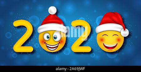 Felice Anno Nuovo 2020 divertente con le emoticon in Santa Claus cappelli - Illustrazione Vettore Illustrazione Vettoriale