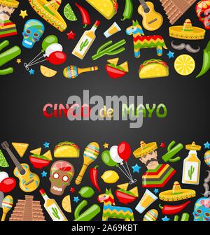 Carta vacanze con Set messicano simboli colorati per il Cinco de Mayo. Modello per pubblicità - Illustrazione Vettore Illustrazione Vettoriale