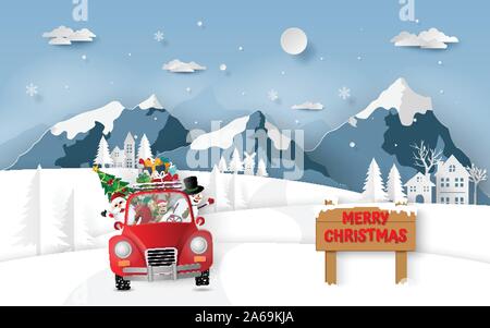 Carta arte, artigianato stile di Santa Claus e amici in rosso car guida attraverso il villaggio, Buon Natale e Felice Anno Nuovo Illustrazione Vettoriale