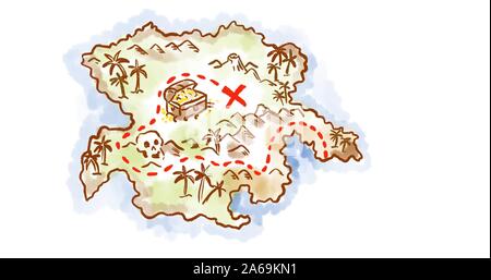 In stile retrò disegno di una fantasia vintage mappa del tesoro di un'isola mostra x segnare il punto isolato su sfondo bianco. Foto Stock