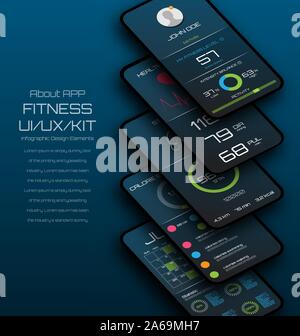 Interfaccia utente diversi, UX, schermate GUI app Fitness Mock up Mobile App, analisi - Illustrazione Vettore Illustrazione Vettoriale