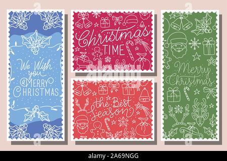 Bundle di merry christmas cards con la calligrafia e icone Illustrazione Vettoriale