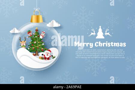 Carta Origami stile arte, Banner Cartolina di Natale con Babbo Natale in palla di Natale, buon Natale e Felice Anno Nuovo Illustrazione Vettoriale
