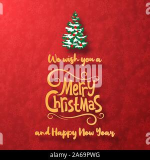Carta Origami arte del banner cartolina Buon Natale e Felice Anno Nuovo con albero di Natale, di Grana carta sullo sfondo Illustrazione Vettoriale