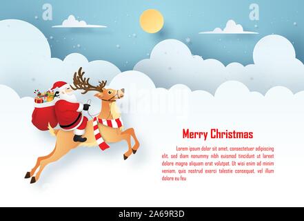 Carta Origami arte della cartolina di Natale Babbo Natale e renna del cielo con copia spazio, Buon Natale e Felice Anno Nuovo Illustrazione Vettoriale