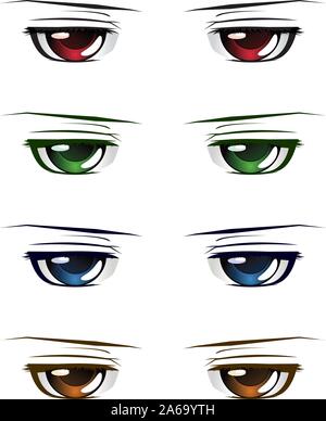 Manga e Anime maschio stile occhi di diversi colori impostati su sfondo bianco. Illustrazione Vettoriale