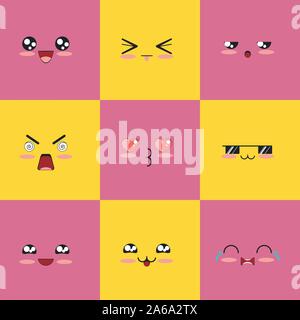 Cartoon kawaii espressioni facciali, emozioni differenti set. Illustrazione Vettoriale