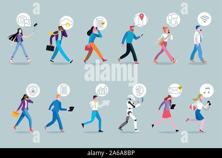 Gruppo di uomini e donne a piedi mentre utilizzando i loro dispositivi mobili. Lavorare in viaggio senza un ufficio. Illustrazione Vettoriale