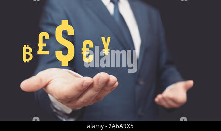 Imprenditore o investitore con il concetto di valuta. Investimenti, finanze illustrazione. Foto Stock