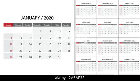 Semplice calendario su inglese 2020 Settimana di inizio Domenica. Modello per la progettazione di pianificazione Illustrazione Vettoriale