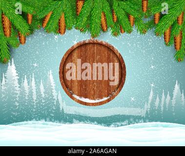 Gelo invernale paesaggio con legno tondo confine dall abete del ramo. Natale sfondo orizzontale Illustrazione Vettoriale