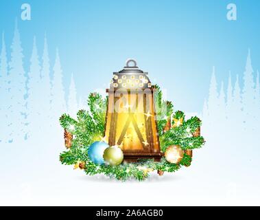 Gelo invernale paesaggio con vintage lampand candele su abete del ramo. Natale sfondo orizzontale Illustrazione Vettoriale