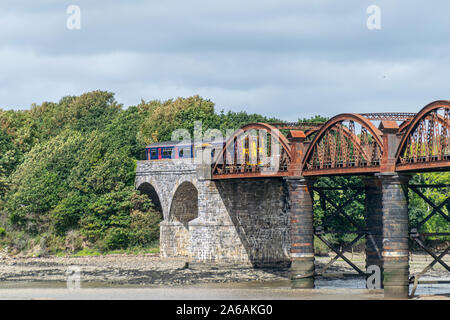 Treno che passa sopra la linea ferroviaria ponte che attraversa il fiume Tavy, nord di Plymouth, Devon, Regno Unito Foto Stock