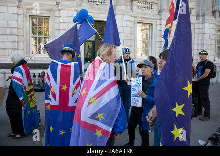 Manifestanti Anti-Brexit wave Unione europea bandiere al di fuori del Cabinet Office in Westminster il 17 settembre 2019 a Londra, Inghilterra, Regno Unito. Foto Stock