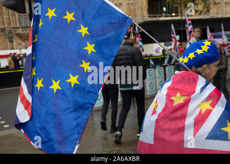 Anti Brexit pro Unione europea manifestanti dimostrando in Westminster il 21 ottobre 2019 a Londra, Inghilterra, Regno Unito. Brexit è previsto il ritiro del Regno Unito dalla Unione Europea. A seguito di un Giugno 2016 referendum in cui il 51,9% di partecipare gli elettori hanno votato per lasciare. Foto Stock