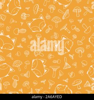 Carino fox seamless doodle pattern, wolf disegnati a mano sullo sfondo di foresta con fungo e dot, illustrazione vettoriale Illustrazione Vettoriale