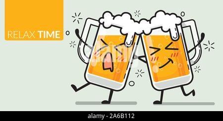 Vettore di due bicchiere di birra con la faccia buffa per ubriaco emozione con testo tempo di relax Illustrazione Vettoriale