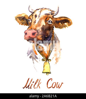 Red cow ritratto con campana dipinta a mano acquerello illustrazione elemento di design per l'invito, carta, stampa poster, modelli Foto Stock