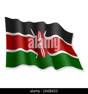3D realistici sventola Bandiera del Kenya su sfondo bianco Illustrazione Vettoriale