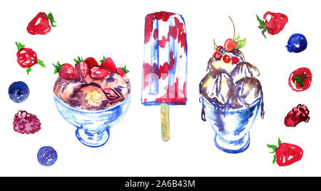 Ice Cream set, gelati su memory stick e in ciotole con frutti di bosco isolato su bianco, dipinta a mano ad acquerello design illustrazione elemento di invito Foto Stock