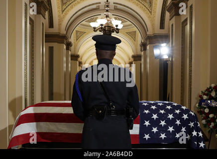 Washington DC, Stati Uniti d'America. 24 ott 2019. Una guardia d'onore sorge accanto alla bandiera-drappeggiato scrigno del rappresentante degli Stati Uniti Elia Cummings (Democratico del Maryland) come il compianto membro del congresso si trova in uno stato al di fuori della US camera casa presso l'U.S. Capitol Ottobre 24, 2019 a Washington, DC. Sost. Cummings è deceduto il 17 ottobre 2019 all'età di 68 da 'complicazioni relative di lunga durata con sfide sanitarie. Credito: dpa picture alliance/Alamy Live News Foto Stock