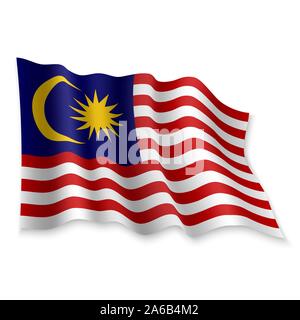 3D realistici sventola Bandiera della Malesia su sfondo bianco Illustrazione Vettoriale