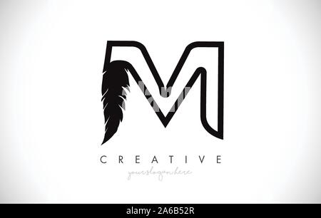 M Feather lettera icona Logo Design con giù giù Creative Look illustrazione vettoriale nei colori bianco e nero. Illustrazione Vettoriale