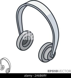 Cuffie icona isometrica, contorno e riempito di apparecchiature audio di simboli. Audio e musica di concetto illustrazione vettoriale. Illustrazione Vettoriale