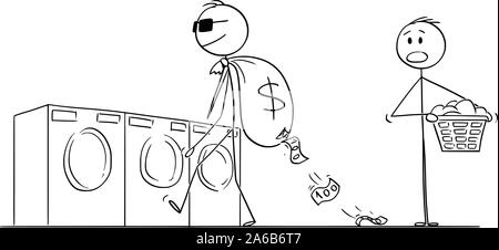 Vector cartoon stick figura disegno illustrazione concettuale dell'uomo o imprenditore criminale o andando a lauder il denaro sporco in lavanderia. Illustrazione Vettoriale