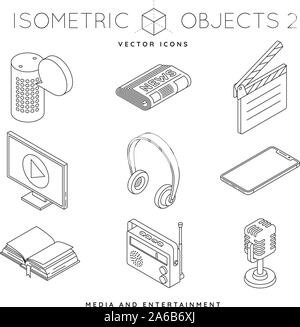 Raccolta di contorno isometrica Icone di media e di apparecchiature elettroniche come smart altoparlante, microfono radio o TV a schermo piatto. Entertainment indu Illustrazione Vettoriale