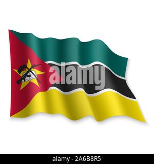 3D realistici sventola Bandiera del Mozambico su sfondo bianco Illustrazione Vettoriale