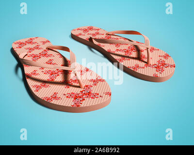 Modern womens spiaggia rossa pantofole con fiori 3D render su sfondo blu con ombra Foto Stock