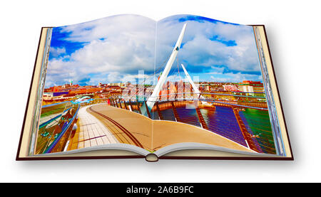 Urban Skyline di Derry City (chiamato anche Londonderry) con il "ponte di pace' (Europa - Irlanda del Nord) - 3D render Concetto di immagine di una foto aperta Foto Stock