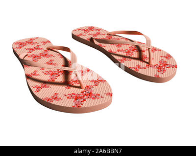 Modern womens spiaggia rossa pantofole con fiori 3D render su sfondo bianco senza ombra Foto Stock