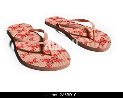 Modern womens spiaggia rossa pantofole con fiori 3D render su sfondo bianco con ombra Foto Stock