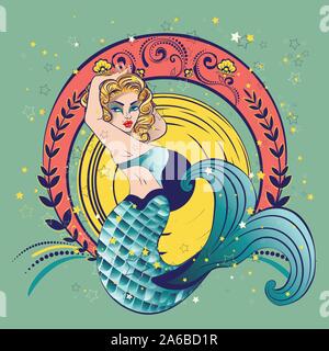 Una creatura Fantasy mermaid con capelli biondi e coda di pesce. Illustrazione Vettoriale