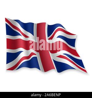 3D realistici sventola bandiera del Regno Unito su sfondo bianco Illustrazione Vettoriale