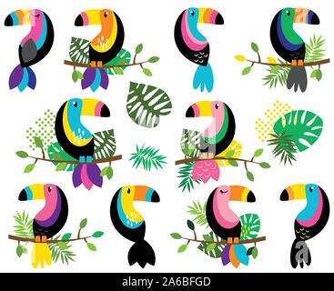 Vettore Collezione di colorate e luminose tucani e foglie tropicali Illustrazione Vettoriale