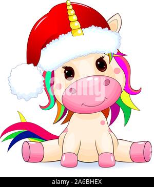 Poco unicorn vestito con un cappello da Babbo Natale, su uno sfondo bianco. Illustrazione Vettoriale