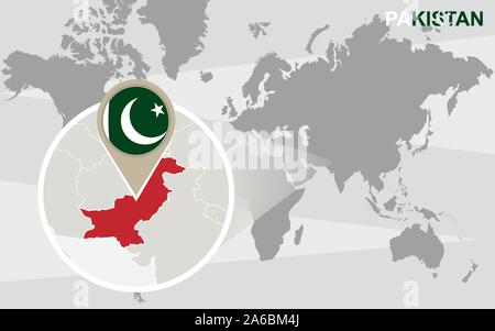 Mappa del mondo con il Pakistan ingrandita. Il Pakistan bandiera e la mappa. Illustrazione Vettoriale