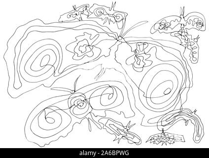 Linea unica arte disegno il volo delle farfalle. Pronto a colori illustrazioni decorative può essere usato come un biglietto di auguri, sfondo, modello di tessuto, carta da parati. Illustrazione Vettoriale