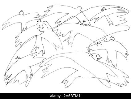 Una linea arte disegno volano gli uccelli. Affascinante intrecciate crows pronto a colori. Lavoro decorativo di arte può essere usato come un biglietto di auguri, sfondo, pattern... Illustrazione Vettoriale