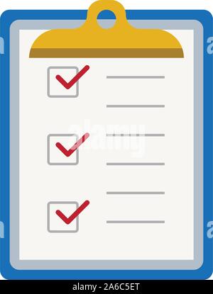 Icona checklist degli appunti o documento con il segno di spunta con il testo in uno stile piatto Illustrazione Vettoriale