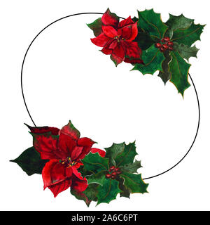 Poinsettia di Natale e agrifoglio con cornice di bacche, fiore acquerello Foto Stock